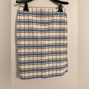 Ann Taylor Cream and Blue Plaid Pencil Skirt